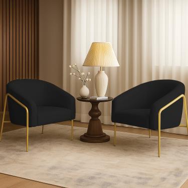 Imagem de Poltrona Sala Industrial Alta Dourado Kit 2 Stella Linho Preto D03 - D'Rossi