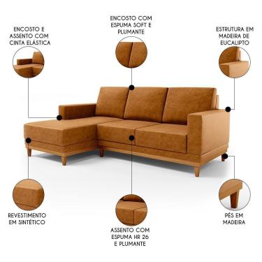Imagem de Sofá 3 Lugares 200cm Living Com Chaise Esquerdo Kayrós D05 Sintético Whisky - Mpozenato