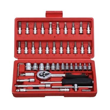 Imagem de Jogo De Soquete Aço Crv 1-4 Catraca Chave Allen Maleta 46 Peças Soquetes, Chaves Allen E Catraca Para Repar - Vermelho