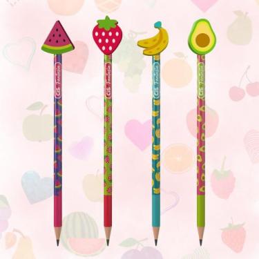 Imagem de Kit 4 Lápis Preto Escrever Grafite HB Fantasias Frutas Borrachas Decor