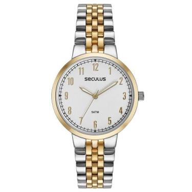 Imagem de Relogio Seculus feminino dourado prata bicolor misto com numeros moder