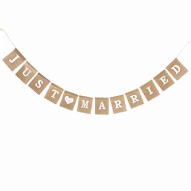 Imagem de ozxchixu (tm) jute burlap just married bunting banner vintage hessian flag for wedding party decoration favour