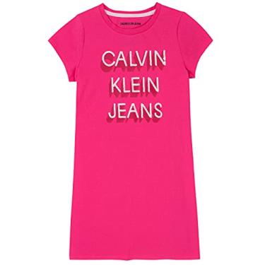 Imagem de Calvin Klein Vestido de camiseta de manga curta grande para meninas, estilo pulôver com gola redonda, detalhes de logotipo, Logotipo Pink Poppy, 5