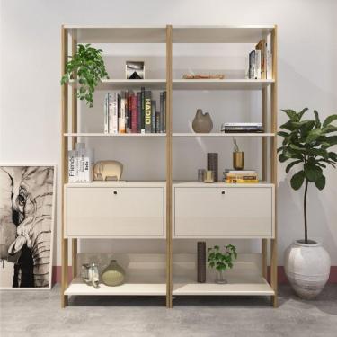 Imagem de Conjunto 2 Estantes Industrial para Livros 4 Prateleiras 1 Porta MDP Match Artely Espresso Móveis Off White/Carvalho