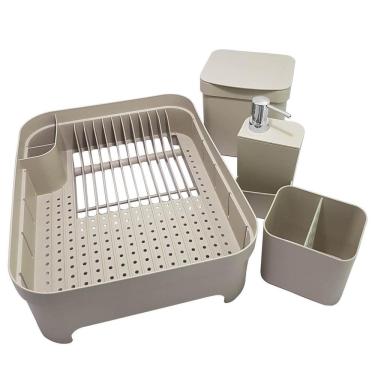 Imagem de Kit Pia Cozinha Escorredor De Louça E Talheres Lixeira 4,7l Bege