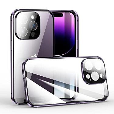 Imagem de Capa magnética para iPhone 14 com trava de segurança dupla face vidro 360° capa de corpo inteiro com protetor de tela protetor de lente de câmera capa transparente com trava (prata)