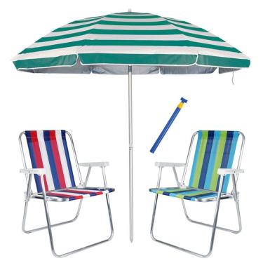 Imagem de Kit Praia 2 Cadeiras Alta Alumínio + Guarda Sol 2,6m Listrado Alum + Saca Areia - Mor