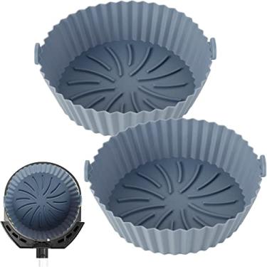 Imagem de 2 peças de panela de silicone para fritadeira a ar reutilizável, resistente ao calor, sem BPA, redonda, silicone, acessórios para fritadeira a ar, forros de papel de substituição para forno e