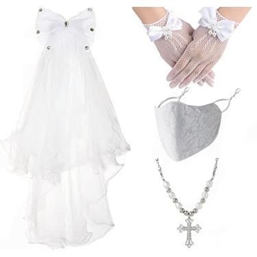 Imagem de Conjunto de 4 peças de comunhão para meninas, tiara de 1ª comunhão com pente e véu e luvas e colar para meninas, véu de guirlanda floral e cobertura de rosto de comunhão para festa infantil de casamento concurso formal, Branco
