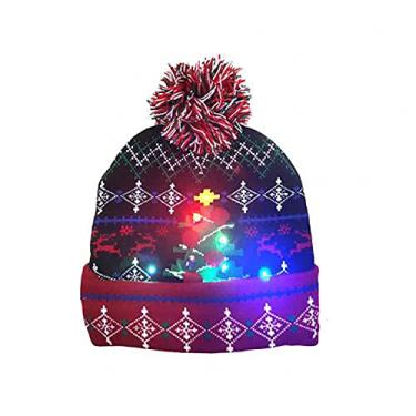 Imagem de Yajun Chapéu de malha de Natal de inverno moda quente chapéu grosso com luzes LED decoração de festa de Natal 2 peças boné novidade (tamanho único), preto