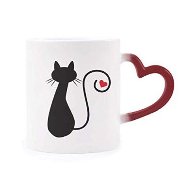 Imagem de Caneca de grés sensível ao calor de animal Sit Sihouette de coração gato vermelho que muda de cor