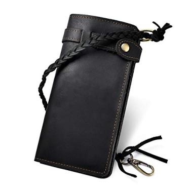 Imagem de Le'aokuu Carteira organizadora masculina de couro genuíno dobrável com corrente removível, Preto, M, masculino