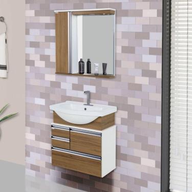 Imagem de Conjunto de Banheiro Gabinete Suspenso 3 Gavetas com Espelheira Cuba de Louça com Válvula AJ Rorato Nogal
