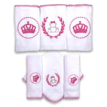Imagem de Kit 6 Fraldas De Pano para Bebê Bordada (3 de Ombro + 3 De Boca) (Princesa Pink Forte (Coroa e Ursinha))