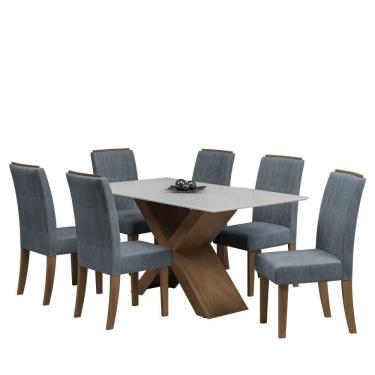 Imagem de Conjunto de Mesa Sala de Jantar Tampo Com Vidro Grécia 6 Cadeiras Off White / Cinza / Cedro 1,60m Dobuê