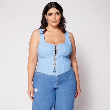 Imagem de Blusa Cropped Plus Corset com Colchetes e Bojo Azul Claro