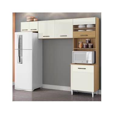 Imagem de Cozinha Compacta Aramóveis Harmonia com 6 Portas e 4 Prateleiras - 226cm de largura - Amêndoa TX/Off White