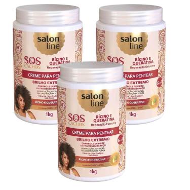 Imagem de Kit 3 Cremes Para Pentear Salon Line S.O.S Rícino E Queratina 1kg