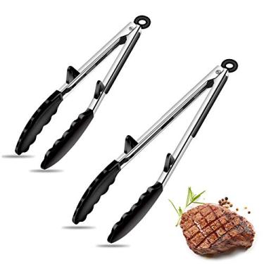 Imagem de Silicone Tongs for Air Fryer, 2 Pack, Black Color, Premium Silicone BPA Free Non-Stick Stainless Steel Locking Food Tongs, 9-Inch and 12-Inch