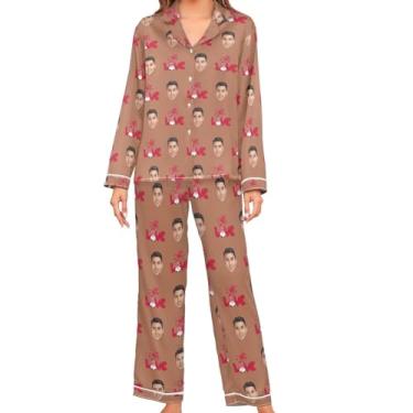 Imagem de JUNZAN Conjuntos de pijamas de cetim branco cinza personalizado personalizado para mulheres manga comprida pijama de botão feminino, Marrom (camelo), M
