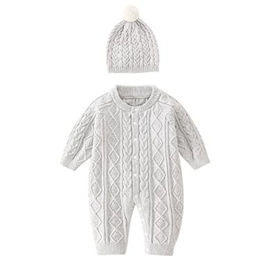 Imagem de Macacão de malha para bebês recém-nascidos de algodão manga comprida menino menina suéter roupas bebê macacão macacão chapéu capuz, Cinza, 6-9 Months