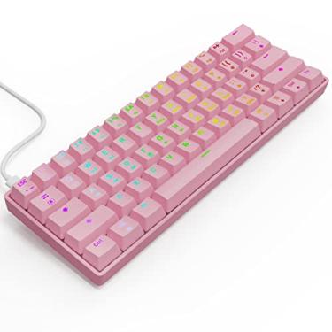Imagem de targeal Teclado mecânico para jogos 60% – 61 teclas, interruptor vermelho, silencioso, teclado de computador de escritório – retroiluminado RGB multicolorido com LED arco-íris – programável para PC