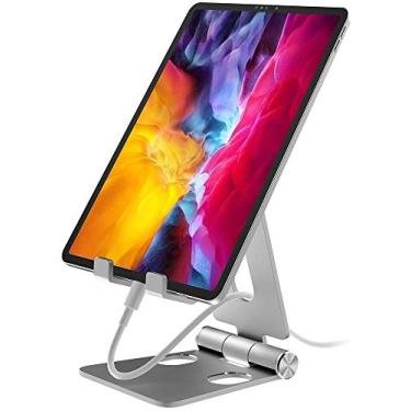 Imagem de Suporte de alumínio ajustável Aduro U-Rise XL para tablet iPad Suporte dobrável para telefone compatível com iPhone iPad Pro 11, 9,7, 10,5 Air Mini 4 3 2, Nexus, Tab, E-Reader (4-12 polegadas) prata