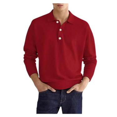Imagem de Camisa polo masculina meia frente botões cor sólida gola larga cintura elástica, Vinho tinto, XXG