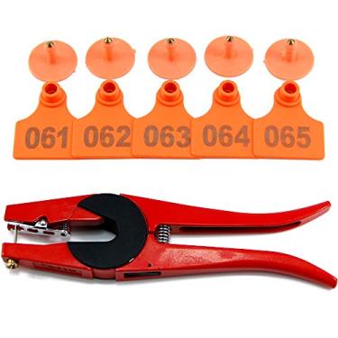 Imagem de EASY 100 conjuntos de etiquetas de orelha de plástico numeradas para identificação de animais. Brincos de precisão de TPU (laranja) com 1 aplicador de alicate