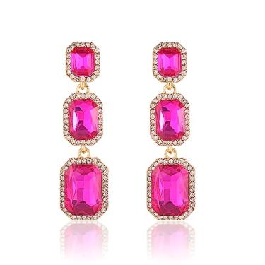 Imagem de Met-edianger Brincos pendentes de strass rosa choque brincos de cristal para casamento nupcial retangular brincos pendentes para mulheres meninas, Zinco Aço inoxidável, Strass