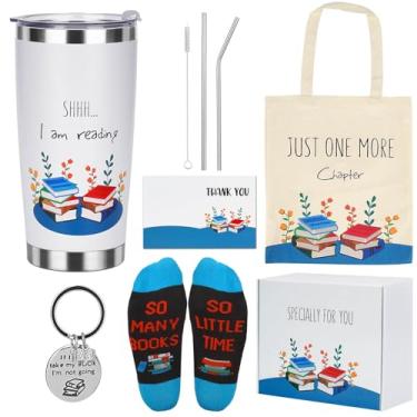 Imagem de CAKKA Conjunto de presente para amantes de livros, conjunto de 8 peças com copo de 590 ml, tampa, pincel de palha, sacola de lona, meias, chaveiro, cartão de agradecimento, caixa de presente - ideia