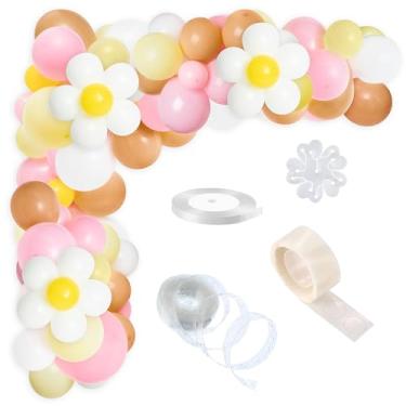 Imagem de 7ilaewen 153Pcs Daisy Groovy Balloon Arch Garland Kit Macaron Pink White Yellow Orange Boho Balloon Garland, Daisy Flower Latex Helium Balloons Party Decorations for Daisy Theme Birthday Party Wedding