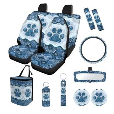 Imagem de Suobstales Boho Mandala impressão de pata de cachorro 13 peças acessórios de carro com 4 capas de assento de carro, 1 capa de volante, 1 lata de lixo, 2 capas de cinto de segurança, 2 porta-copos, 1