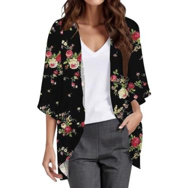 Imagem de Camisa feminina havaiana estampa floral manga bufante 3/4 verão leve chiffon quimono cardigã blusa casual, #A4 preta, XXG