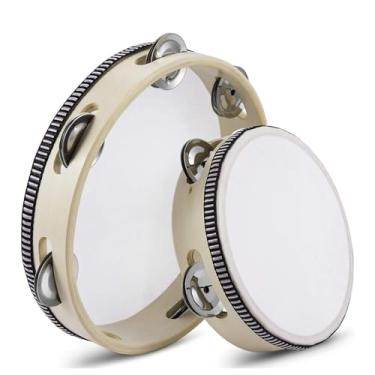 Imagem de Flexzion Pandeiras de mão de madeira – Conjunto de 2 unidades, 20 e 15 cm, com sino de metal de fileira única (madeira) Instrumento musical de percussão pandeiro e lua