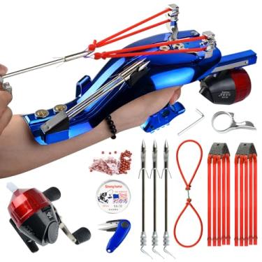 Imagem de TIETHEKNOT Slingshot Kit de estilingue de pesca profissional com carretel catapulta de alta precisão com flechas faixas de borracha e slots de atualização de dedo de dardo de peixe para melhorias