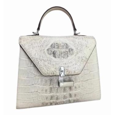 Imagem de Bolsa feminina elegante de couro de crocodilo com pele de jacaré genuína, bolsa mensageiro de ombro feminina, Marfim, 27cm(Length) x 22cm(Height) x 12cm(Deep)