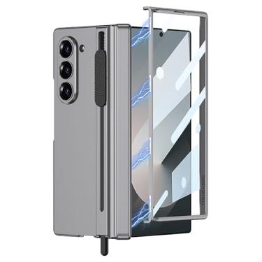 Imagem de POYUFRG Capa fina para Samsung Galaxy Z Fold 6, capa de telefone fosca com suporte deslizante S-Pen e dobradiça magnética cobertura total, cinza