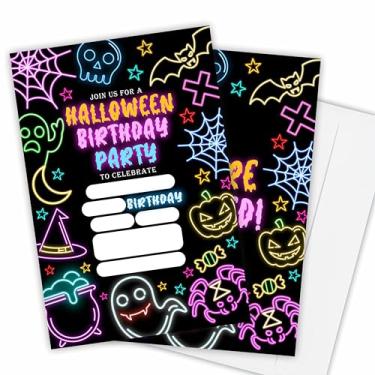 Imagem de Convites de festa de Halloween para aniversário - 25 cartões de convite neon preenchidos com envelopes, abóboras, caveira, fantasmas e morcegos, convites de aniversário para crianças adolescentes,