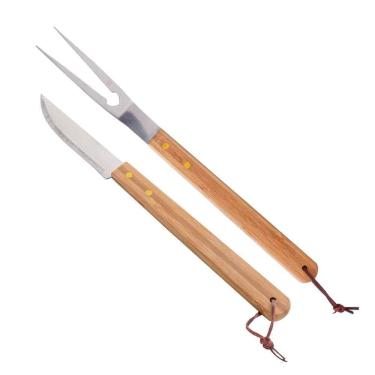 Imagem de Jogo Garfo E Faca De Churrasco  Corte Aço Inox Cabo Bambu Açougueiro 37cm Lyor