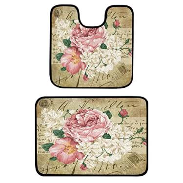 Imagem de OREZI Conjunto de tapete de banheiro vintage chique rosa rosa floral 2 peças antiderrapante tapete de banheiro em forma de U tapete de banheiro absorvente de água, lavável na máquina
