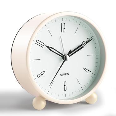 Imagem de Despertador analógico, relógio pequeno super silencioso de 10 cm, sem tique-taque, com luz noturna, funciona a bateria, design simples, decoração creme estilo antigo, para quarto, cabeceira, mesa,