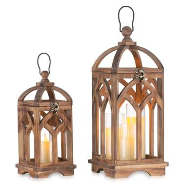 Imagem de Romadedi Farmhouse Candle Lantern Wooden - 30,5 cm / 40,6 cm Conjunto de 2 castiçais decorativos de madeira rústica decoração de casa decoração de mesa de casamento centro de mesa, marrom