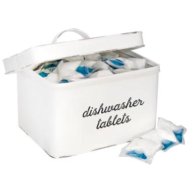 Imagem de Suporte de cápsulas para lava-louças AuldHome, recipiente para tablet; lata de armazenamento de cozinha rústica esmaltada branca com tampa