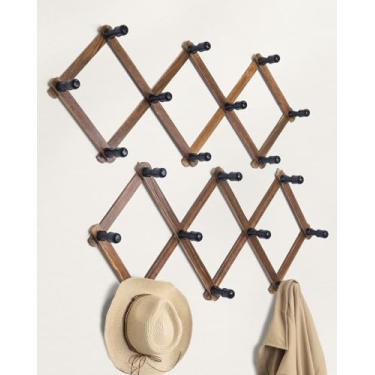 Imagem de Cabide de parede sanfonado expansível de madeira, pacote com 2 incluindo 20 ganchos de pino, perfeitamente gancho para bonés de beisebol, casacos, canecas, café, casaco, chaves, suporte de chapéu,