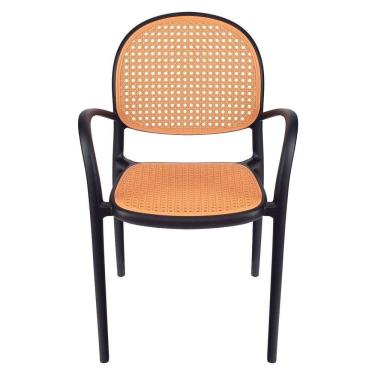 Imagem de Kit 6 Cadeiras Jantar Cozinha Cafeteria Com Braços Mumbai Tela Palha Plástico Preto