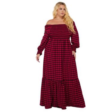 Imagem de Vestido Feminino Plus Size Xadrez Longo Ombro A Ombro Babado Lastex Ro