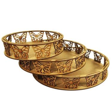 Imagem de Trio de Bandeja Redonda Borboleta Festa Decoração Mdf Madeira - ATACAD