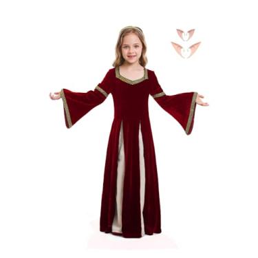 Imagem de Vestido Ren Faire para meninas, orelhas de elfo, fantasia renascentista medieval, roupas vitorianas de Halloween com mais de 3 anos, Vermelho, M