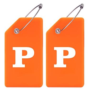Imagem de Pacote com 2 etiquetas de bagagem de silicone com letra inicial bolsa escolar mala instrumento etiqueta laranja por Gostwo (P)